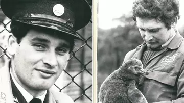 Andy White, pictured left in his dress uniform (c1970s) and right holding a penguin
