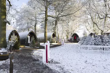 Five snow-laden, wooden lodges decorated with Christmas decorations look out onto a snowy patch of grass in the middle