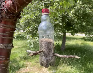 Bird feeder made from recycled plastic bottle