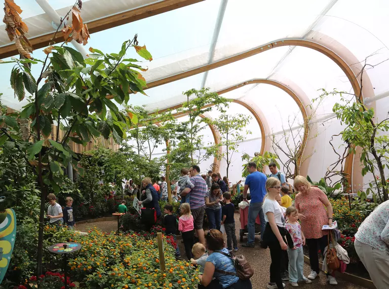 New Butterfly House at ZSL Whipsnade zoo with visitors looking around