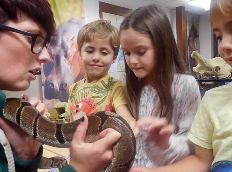 Three children participating in the Zoo Explorers course look at a snake held by a member of the Whipsnade Zoo staff