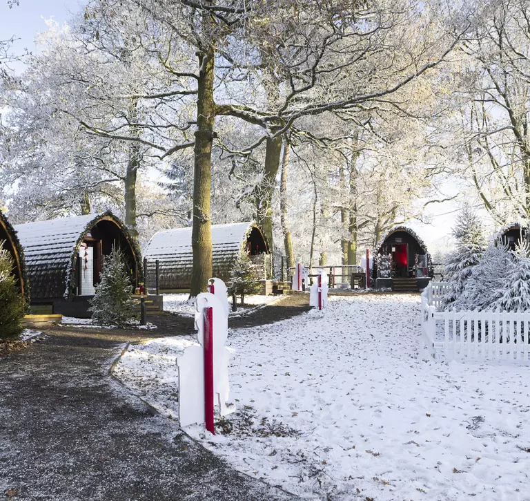 Five snow-laden, wooden lodges decorated with Christmas decorations look out onto a snowy patch of grass in the middle